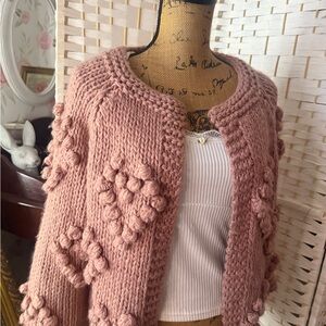 Chunky Knit Mauve Heart Pom Cardigan